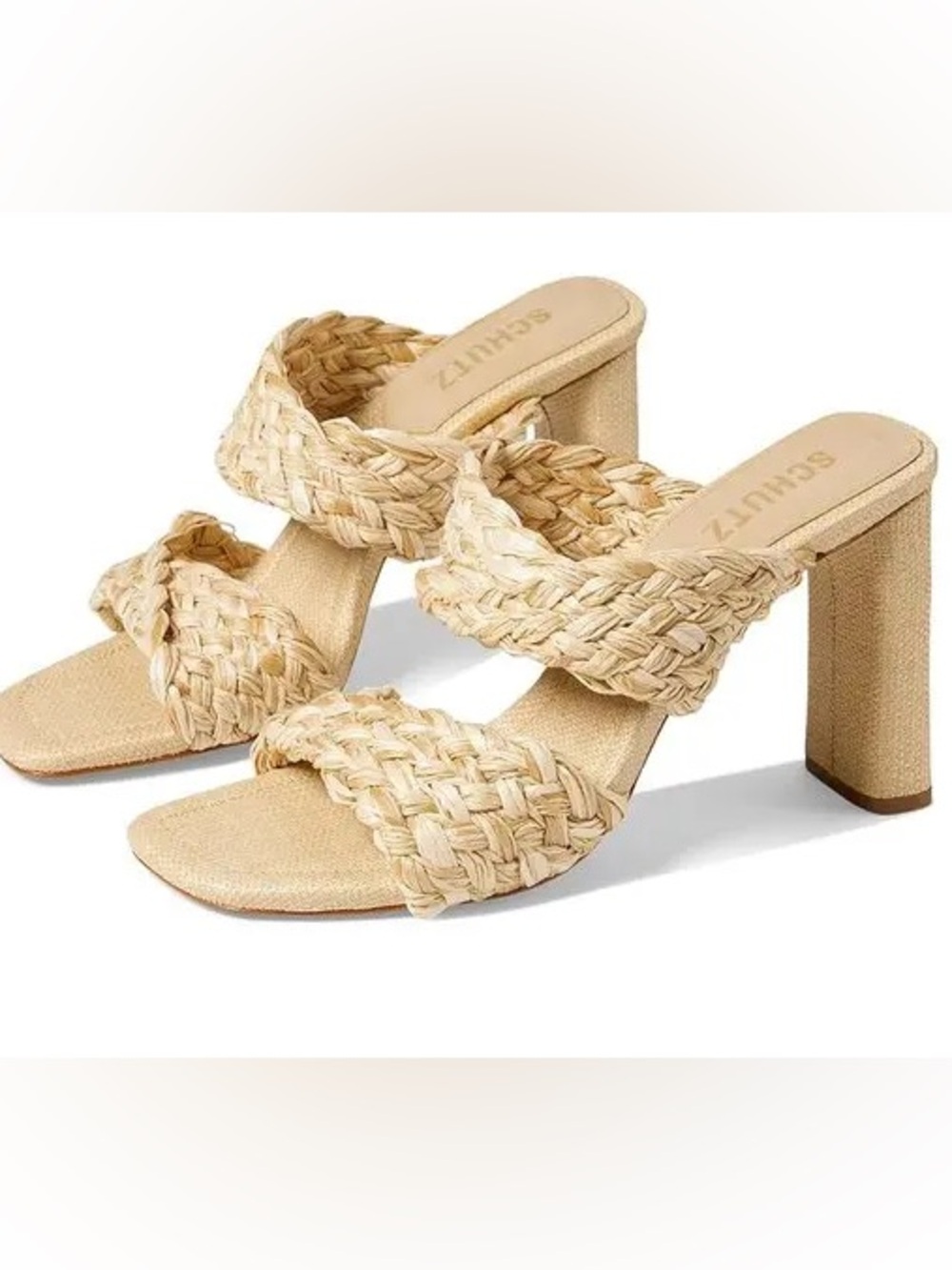 Schutz Amani Woven Raffia Block Heel Mule Sandals Neutral Resortwear NWOB Sz 9